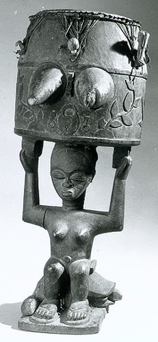 Black and white photo of a sculpture of a sitting nude woman balancing a drum on her head. The side of drum is decorated with two projecting breasts and designs carved in relief.