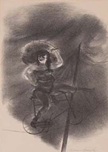 Charcoal drawing of a woman seated on a bicycle balancing on a thin rope. On the front end of the bicycle she uses a long pole to balance which is propped beneath her calf. She has long dark hair and wears a large, light colored sun hat.