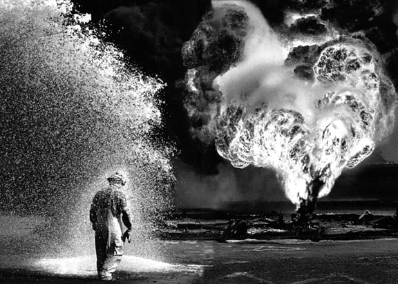 Foam and Fire, Kuwait, from the series Workers, 1991. 16 x 20, 20 x 24, 24 x 35, 36 x 50 or 50 x 68 inch gelatin silver print