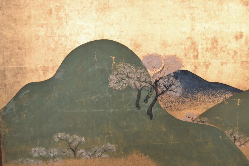 Nakano Kimei - Two-fold screen depicting cherry blossoms and maple trees - Artworks - Joan B Mirviss LTD | Japanese Fine Art | Japanese Ceramics