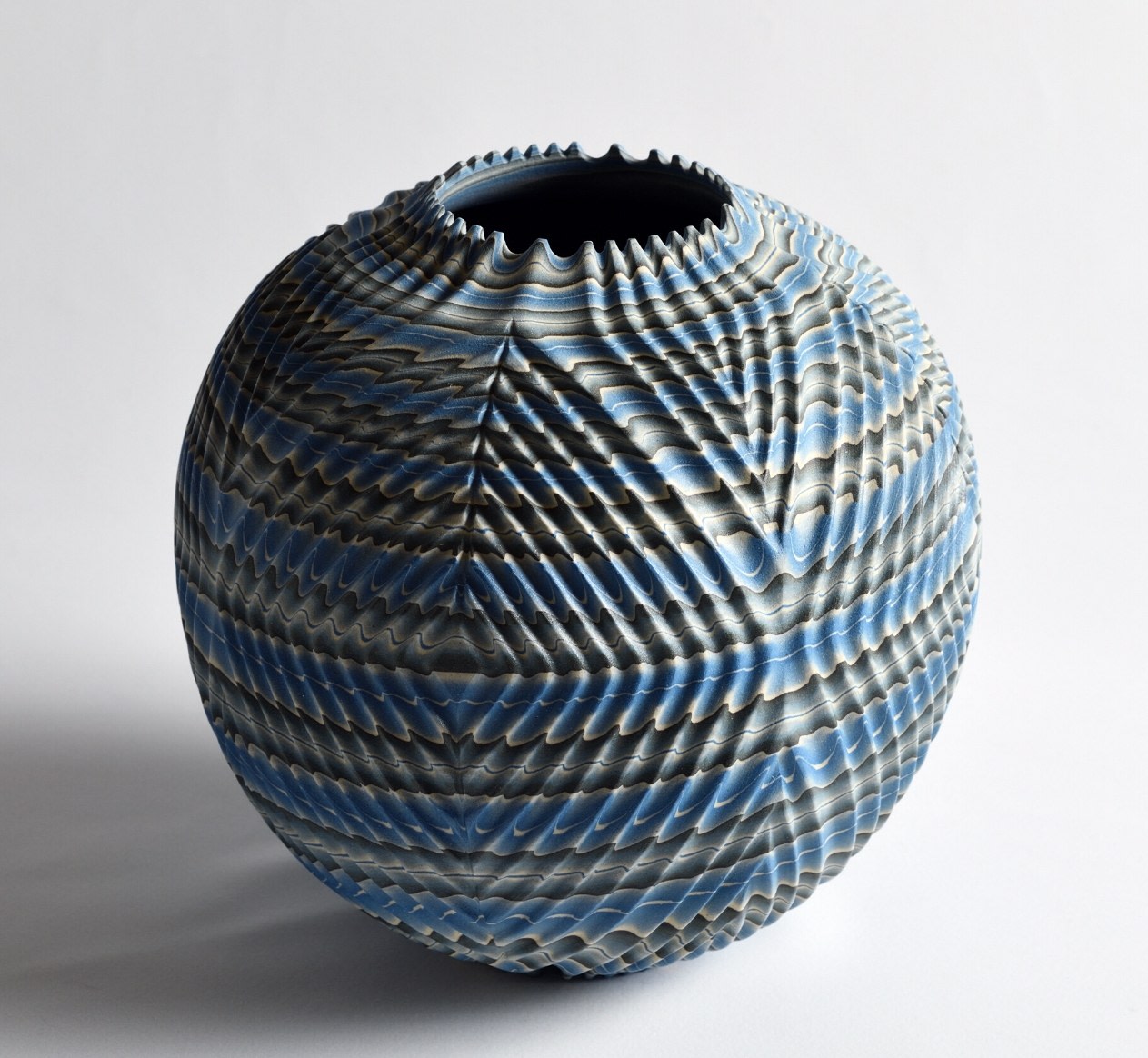 Marbleized, carved, ridged-surface vessel &quot;Waves&quot;, 2019