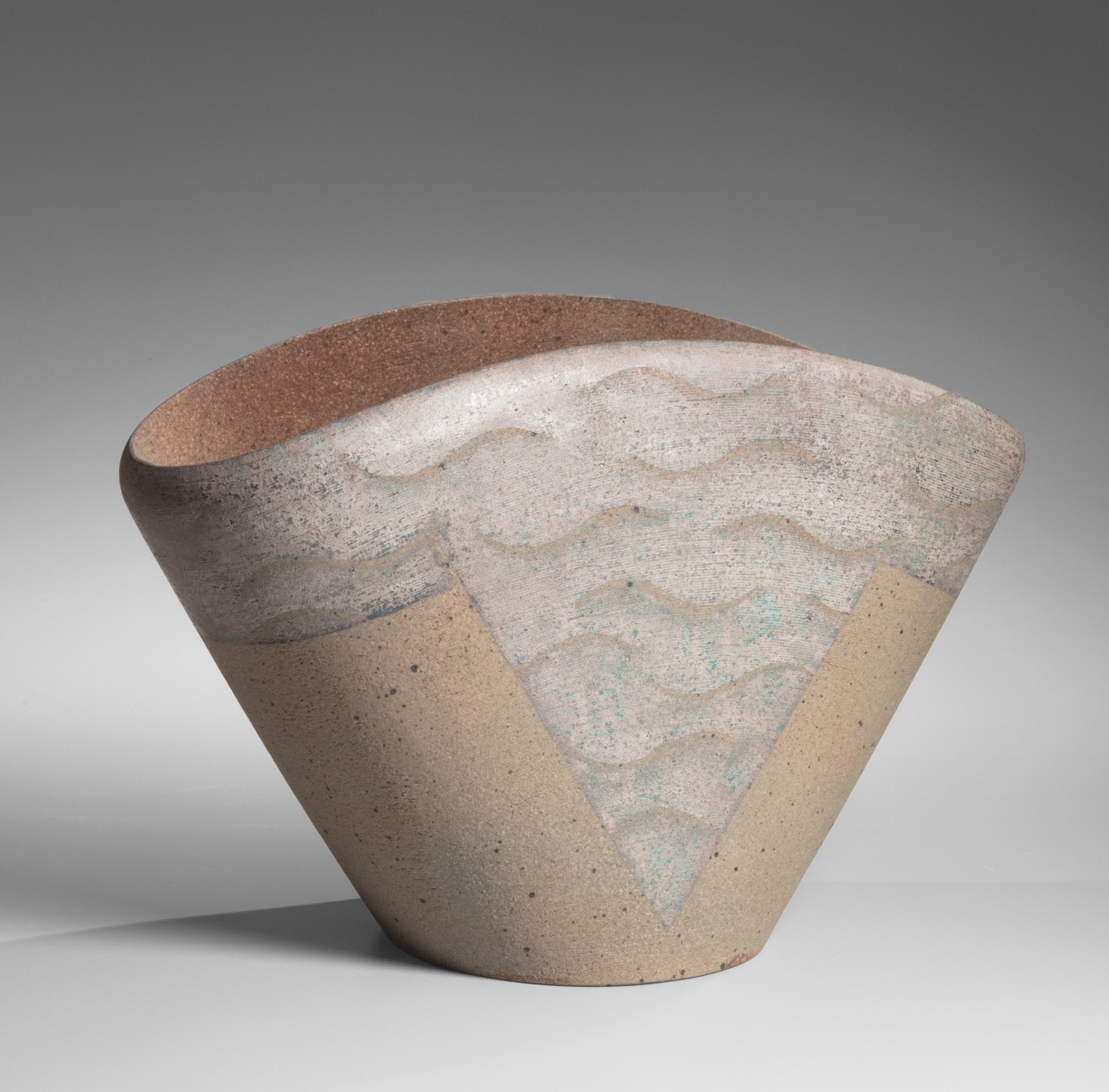 Fan-shaped slightly flattened vessel decorated with abstract patterning, 1982