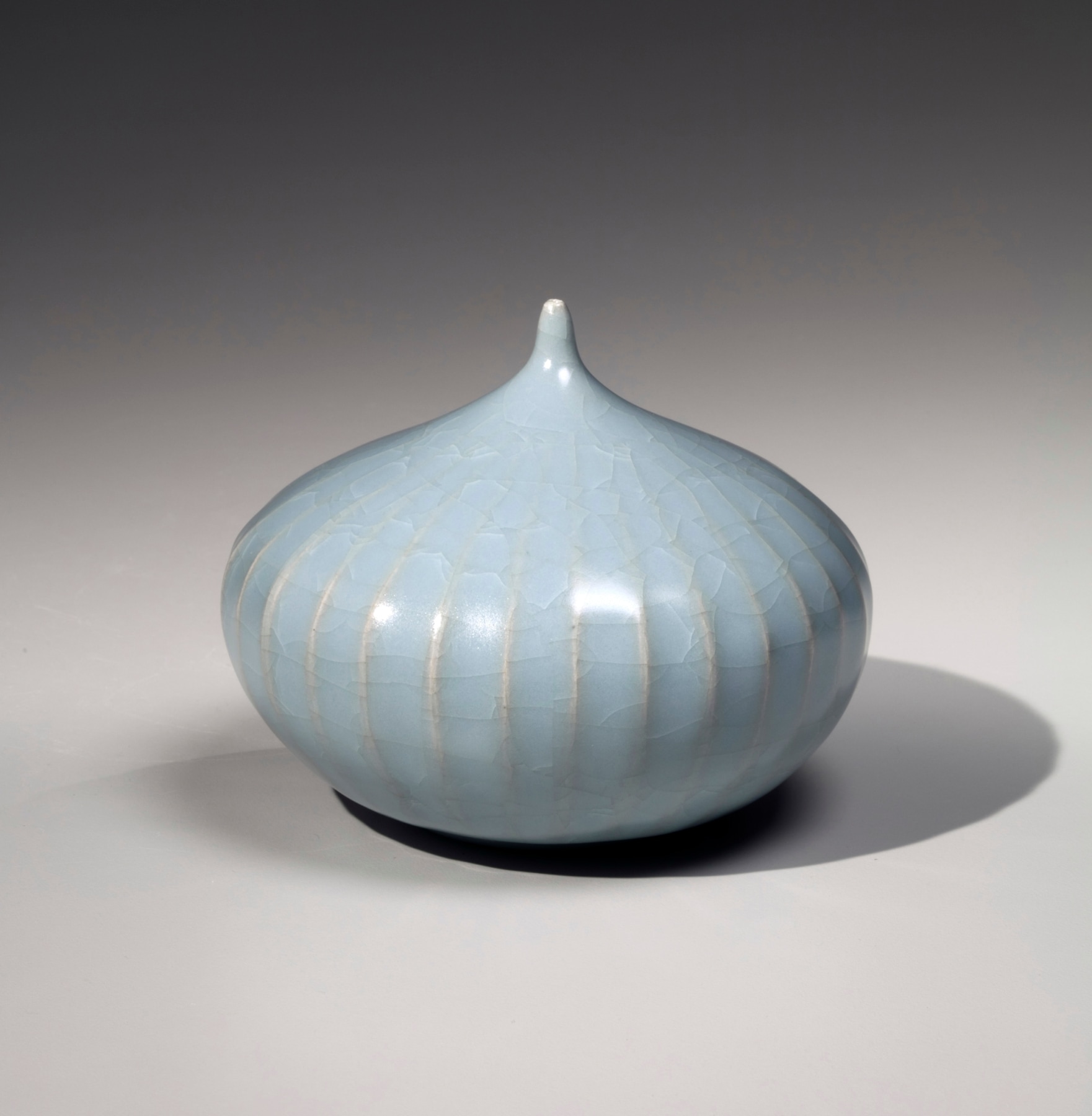 Onion-shaped, fluted, craquelure celadon-glazed incense burner in two parts, 2019