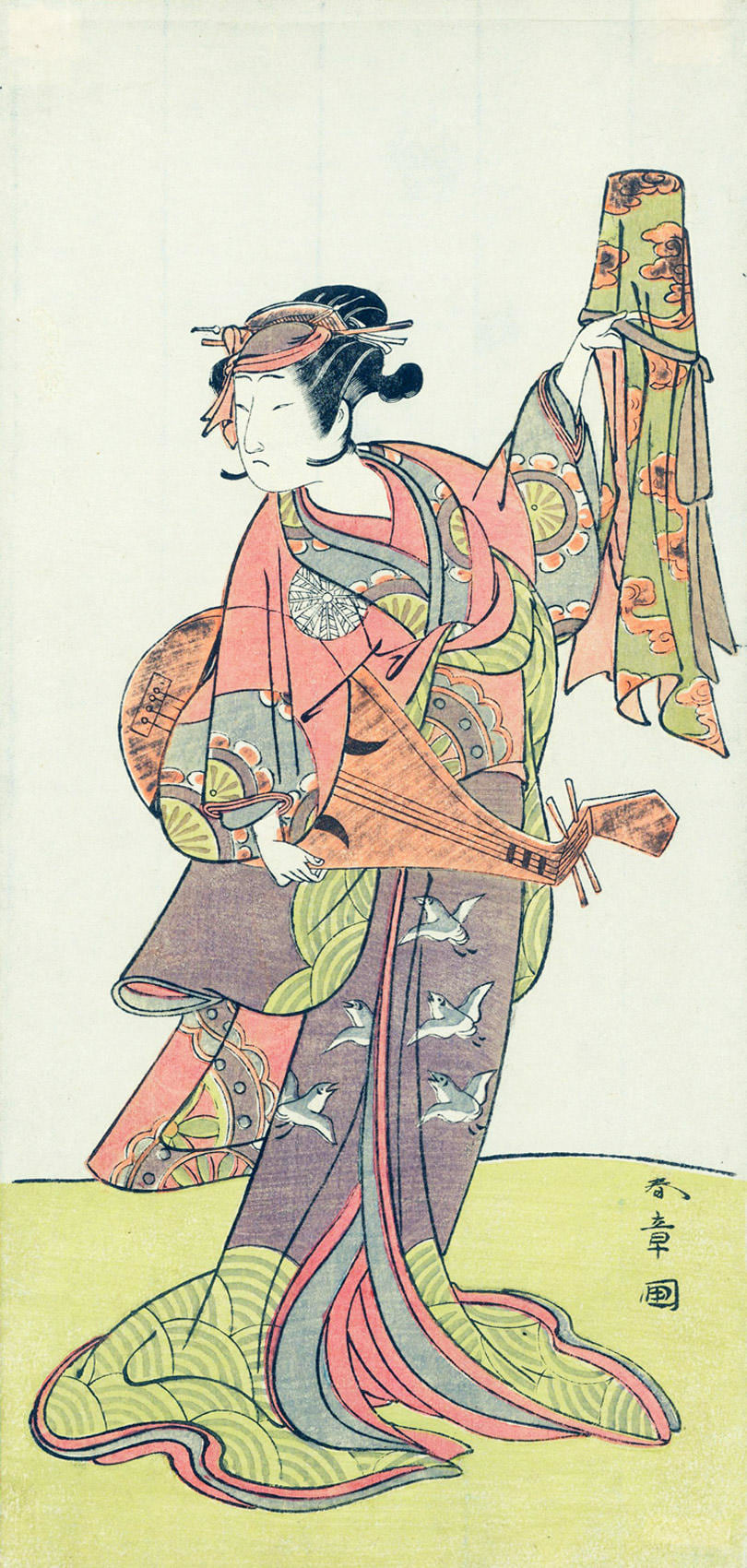 KATSUKAWA SHUNSH&Ocirc; The Actor Nakamura Noshio I in a female role holding a biwa 