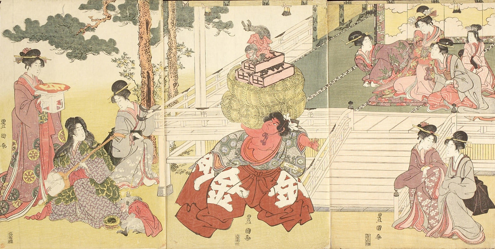 UTAGAWA TOYOKUNI Kintar&ocirc; showing off his strength before a group of ladies watching the play