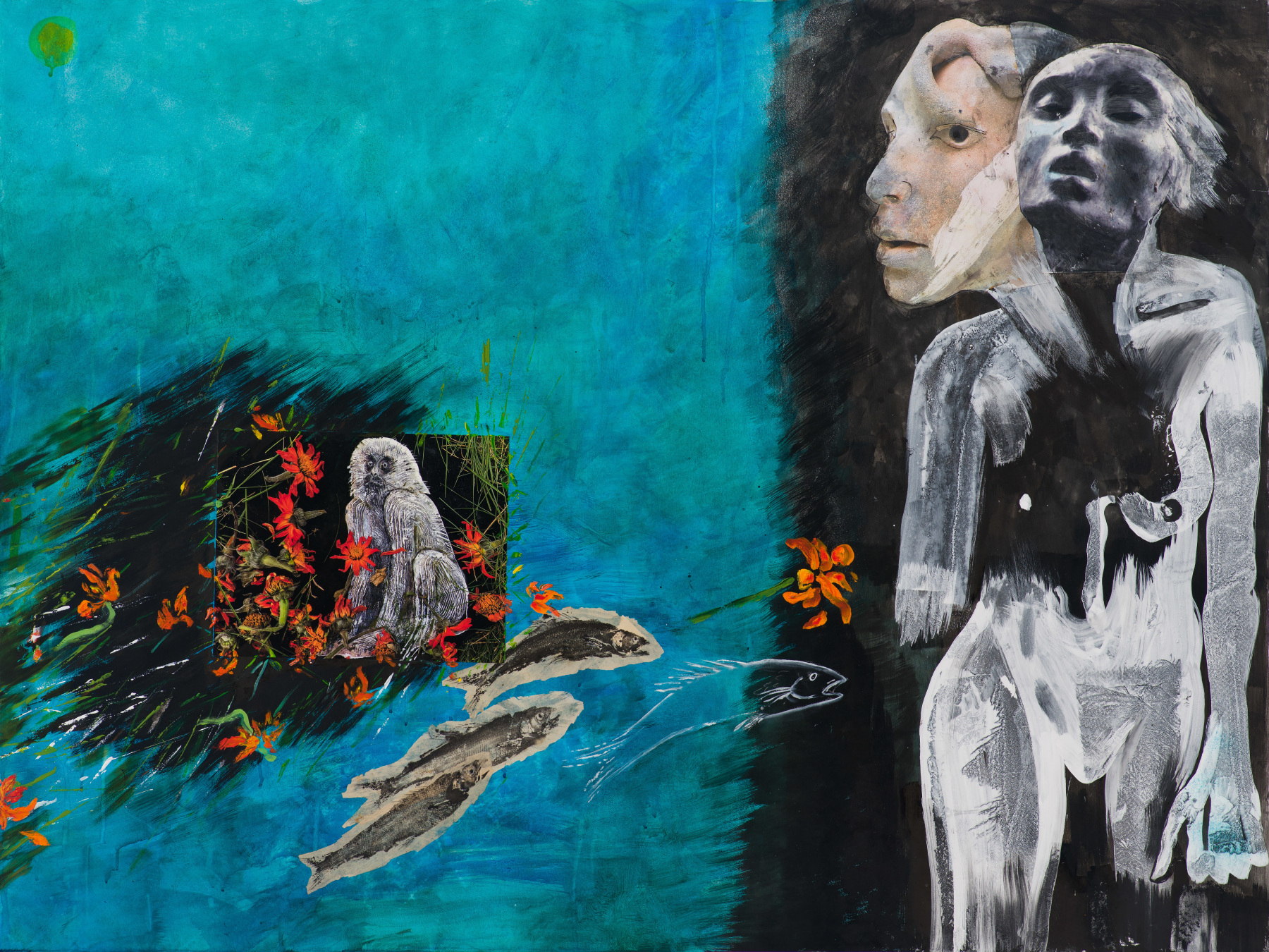 Mary Frank, The Sea Around Us. Oil, acrylic, collage on board, 36 x 48 inches