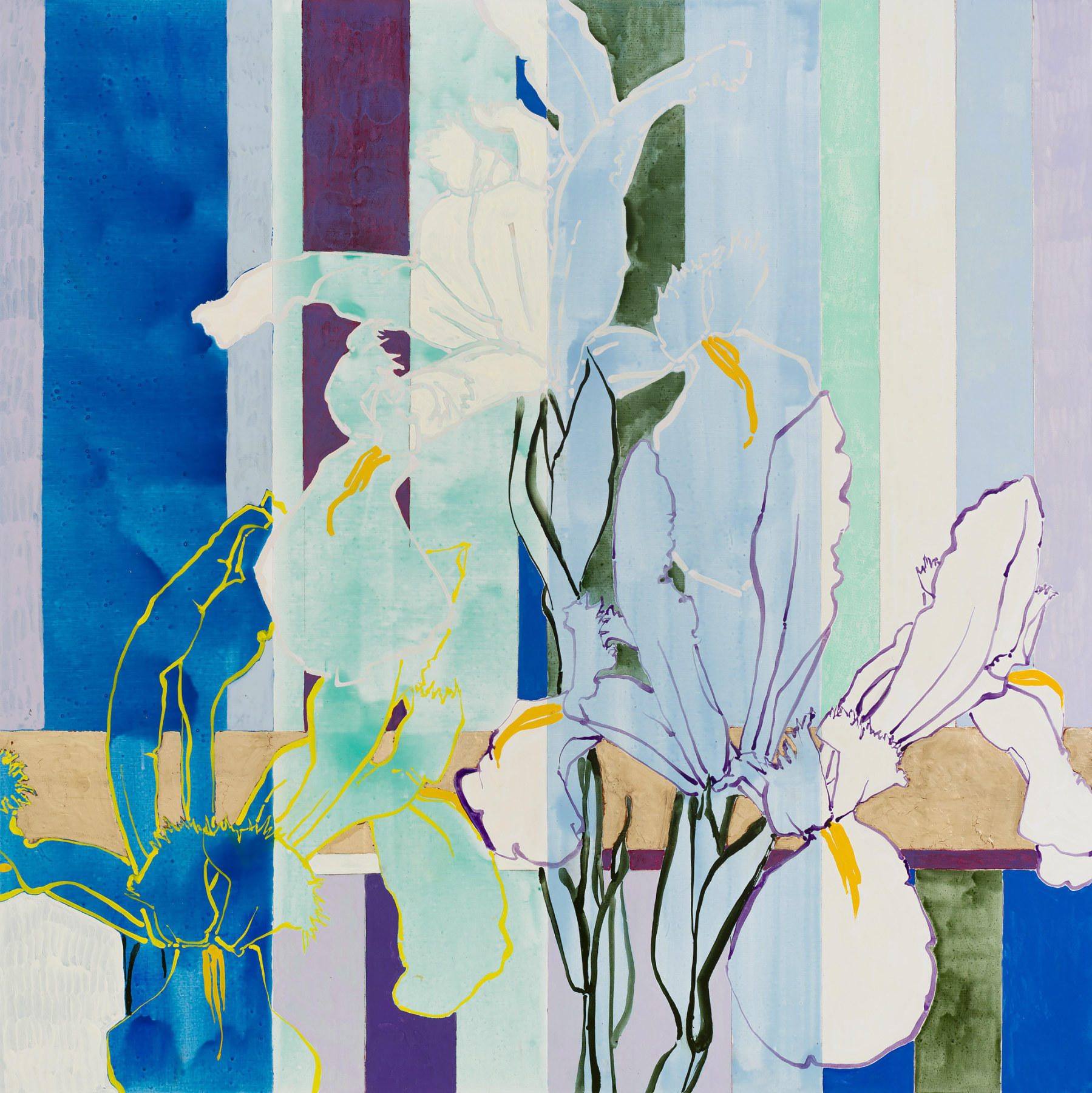 Three Dutch Iris, 2020, Oil, acrylic, and gold leaf on canvas