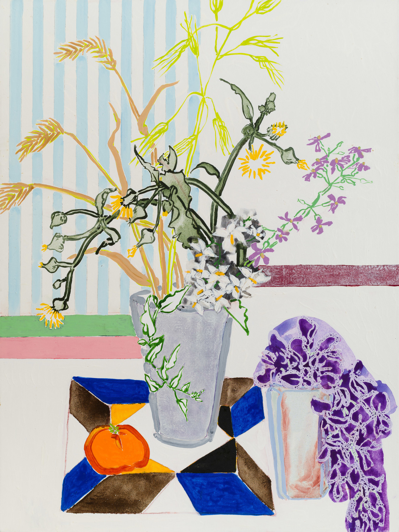 Antella Curtains and Windows, Wildflower Bouquet: Wisteria and Tangerine, 2023 Oil, acrylic, cont&eacute; crayon, and pencil on canvas 48 x 36 inches