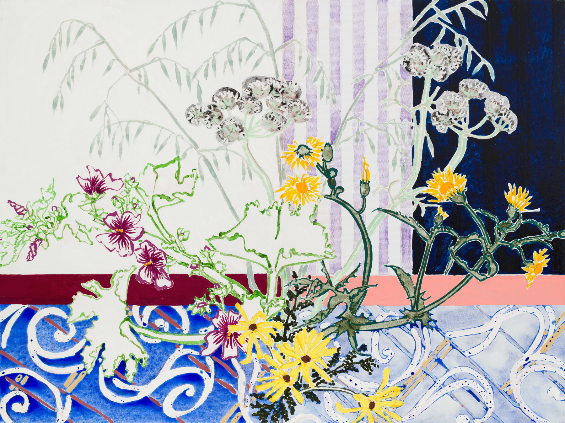 Antella Curtain and Window: Wildflower Bouquet, 2023 Oil, acrylic, cont&eacute; crayon, and pencil on canvas 36 x 48 inches