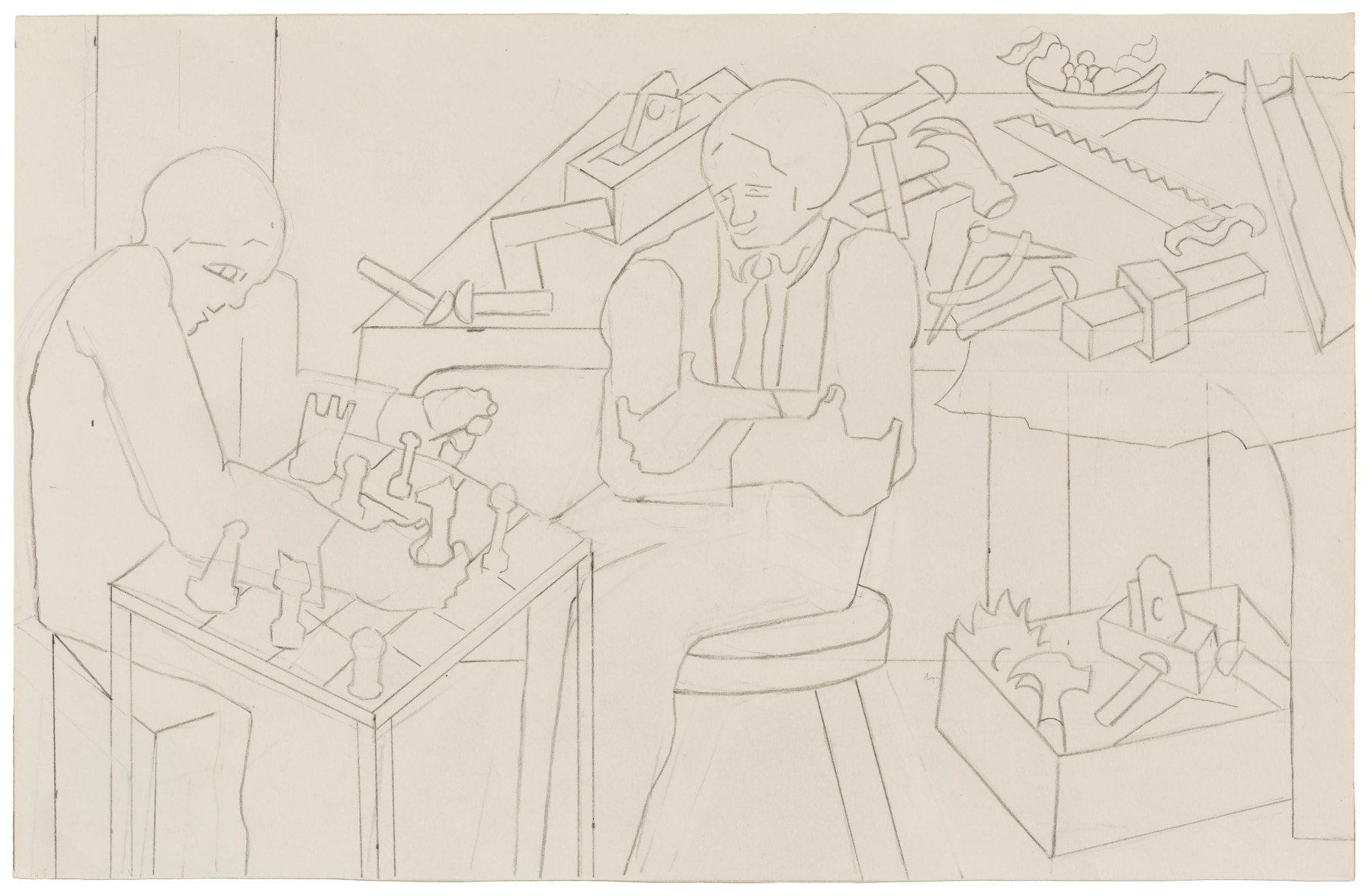 Two Builders Playing Chess, 1996 Graphite on paper 11 x 17 inches