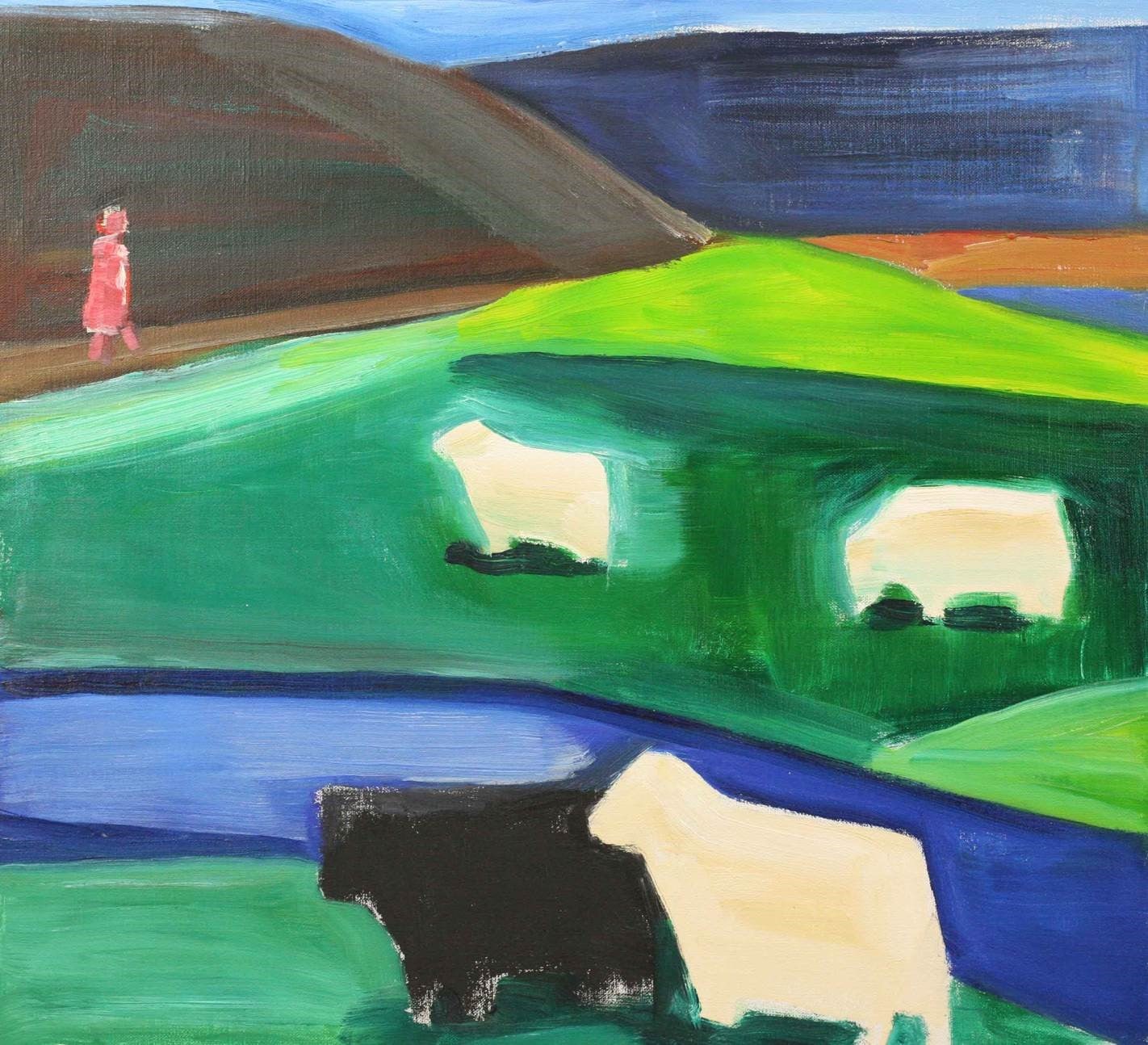 Four Sheep and Girl in Icelandic Landscape,