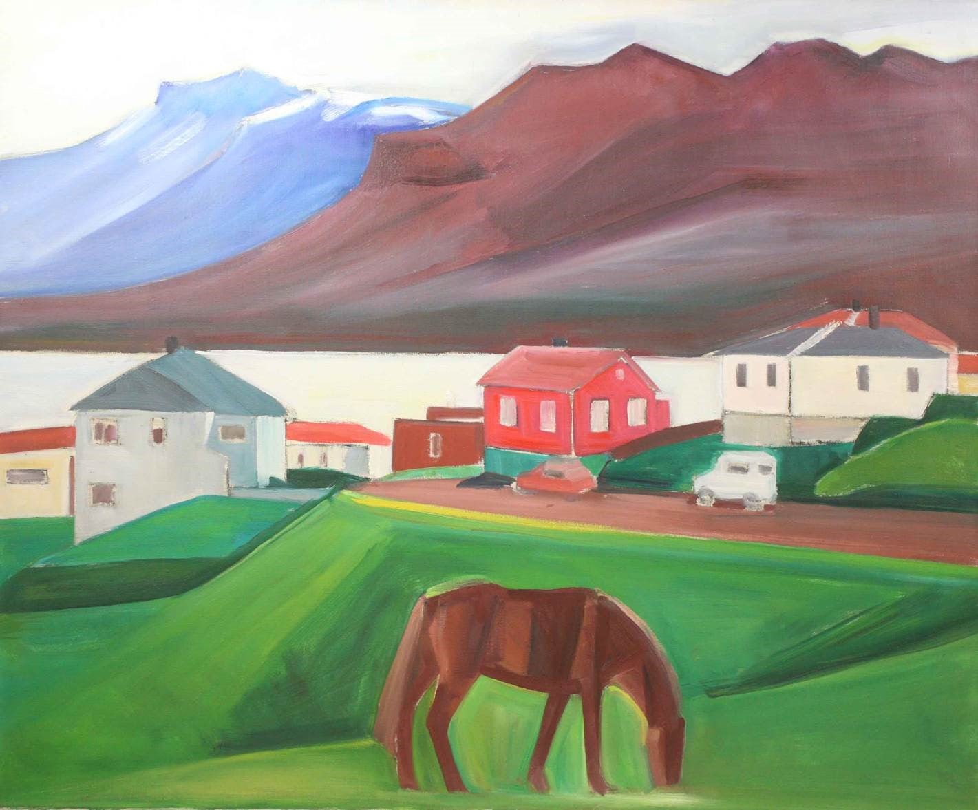 Icelandic Village Scene with Brown Horse and Cars