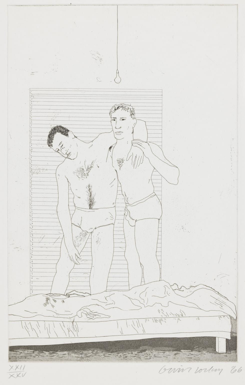 David Hockney, One Night, 1966, Etching and aquatint on paper, 13 13/16&quot; &times; 8 7/8&quot; at Anita Rogers Gallery