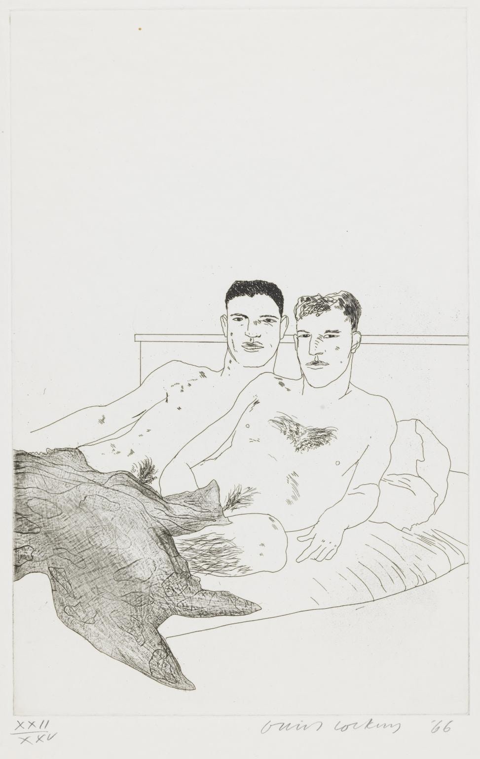David Hockney, The Beginning, 1966, Etching and aquatint on paper, 13 13/16&quot; &times; 8 7/8&quot; at Anita Rogers Gallery