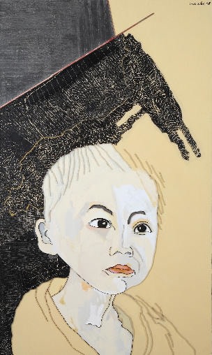 Lee Waisler, Cambodian Boy, 2008, Acrylic and wood on canvas, 90 x 54&quot;