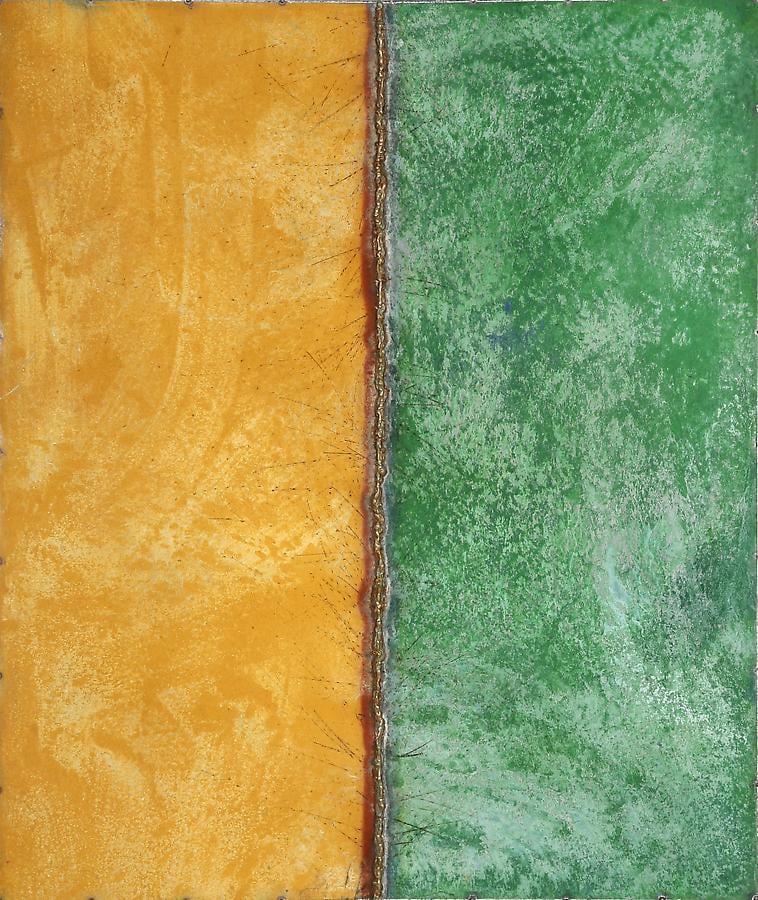 Nathan Slate Joseph, Line Drawing Yellow/Green, 2006, Pure pigment on galvanized steel, 48 x 40 x 2&quot;