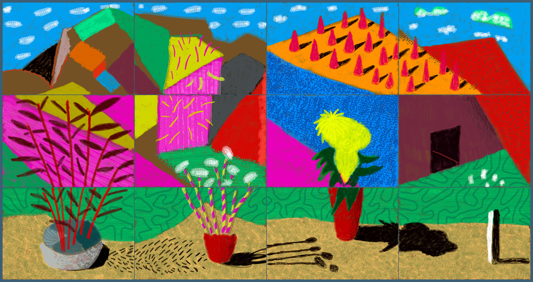 David Hockney&amp;nbsp;
&amp;quot;August 2021, Landscape with Shadows&amp;quot;&amp;nbsp;
Twelve iPad paintings comprising a single work, printed on paper, mounted on Dibond&amp;nbsp;
Edition of 25&amp;nbsp;
108.2 x 205 cm (42.5 x 80.75 Inches)&amp;nbsp;
&amp;copy; David Hockney