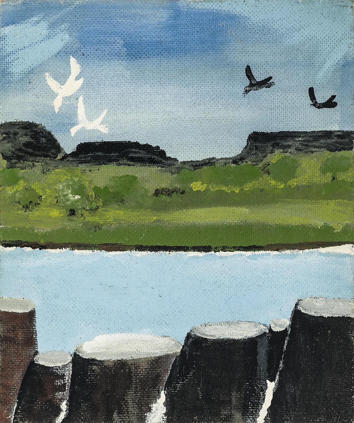 Coastal Landscape with Birds and Rocks or Pylons