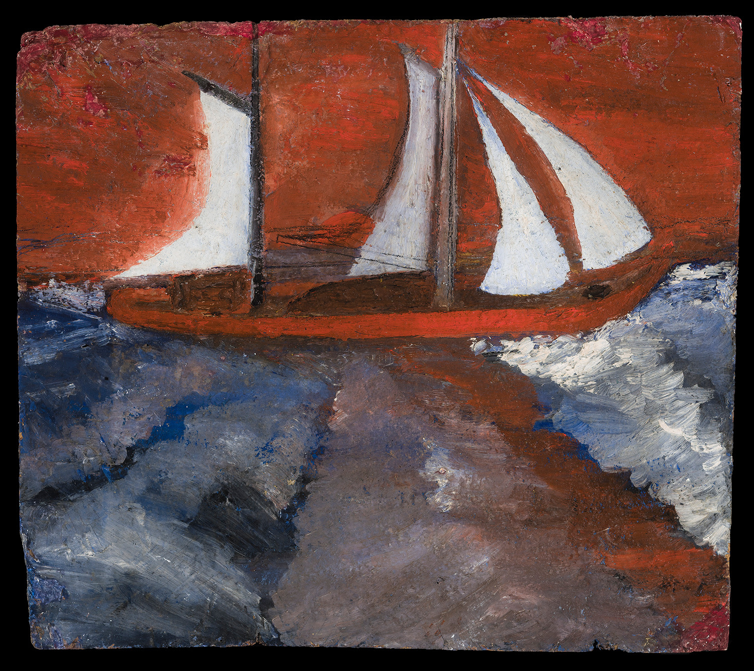a marine painting by Frank Walter of a red sailboat in a turbulent ocean with a bright red sky