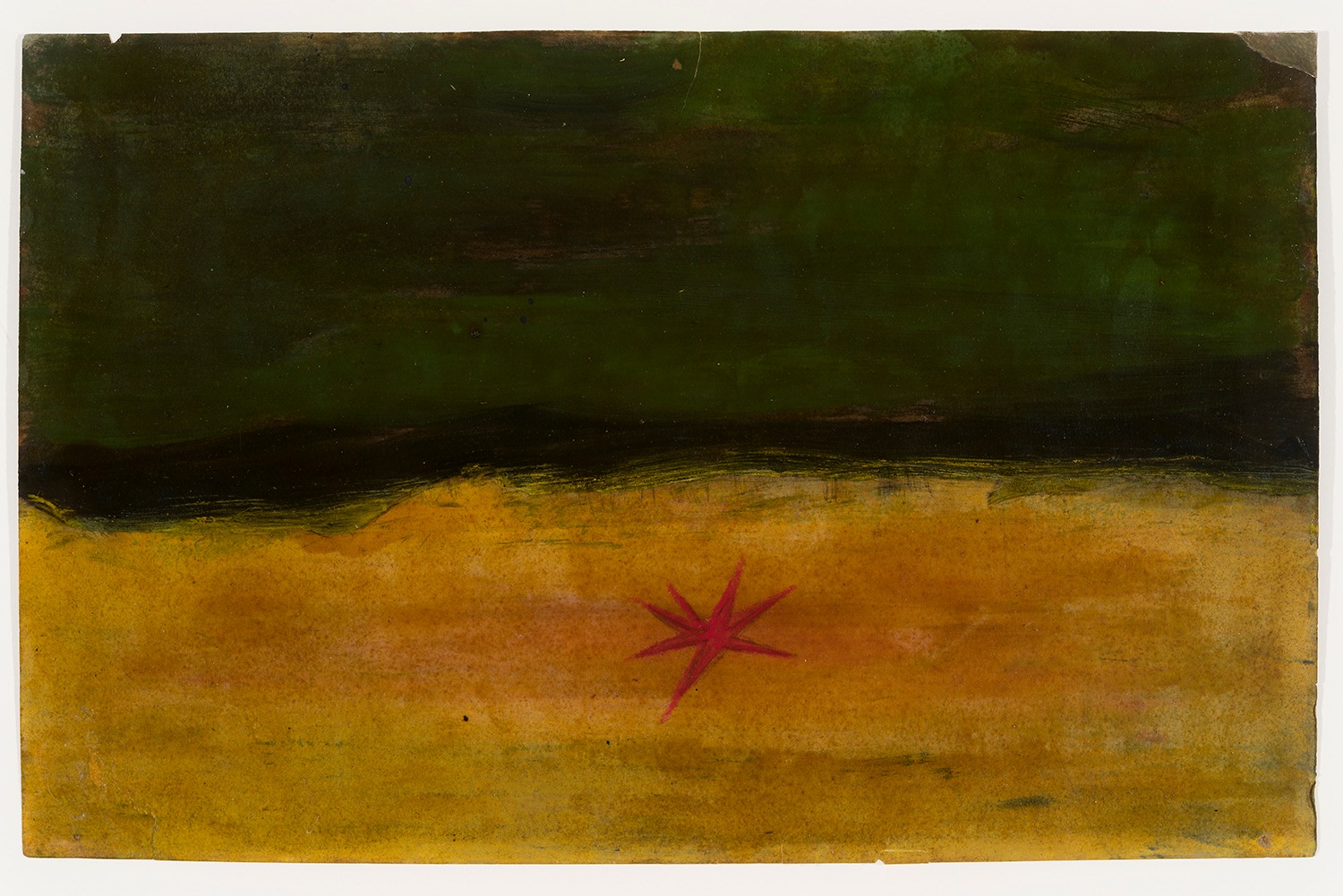 a painting by Frank Walter of a red starfish on a dark yellow beach with deep green water