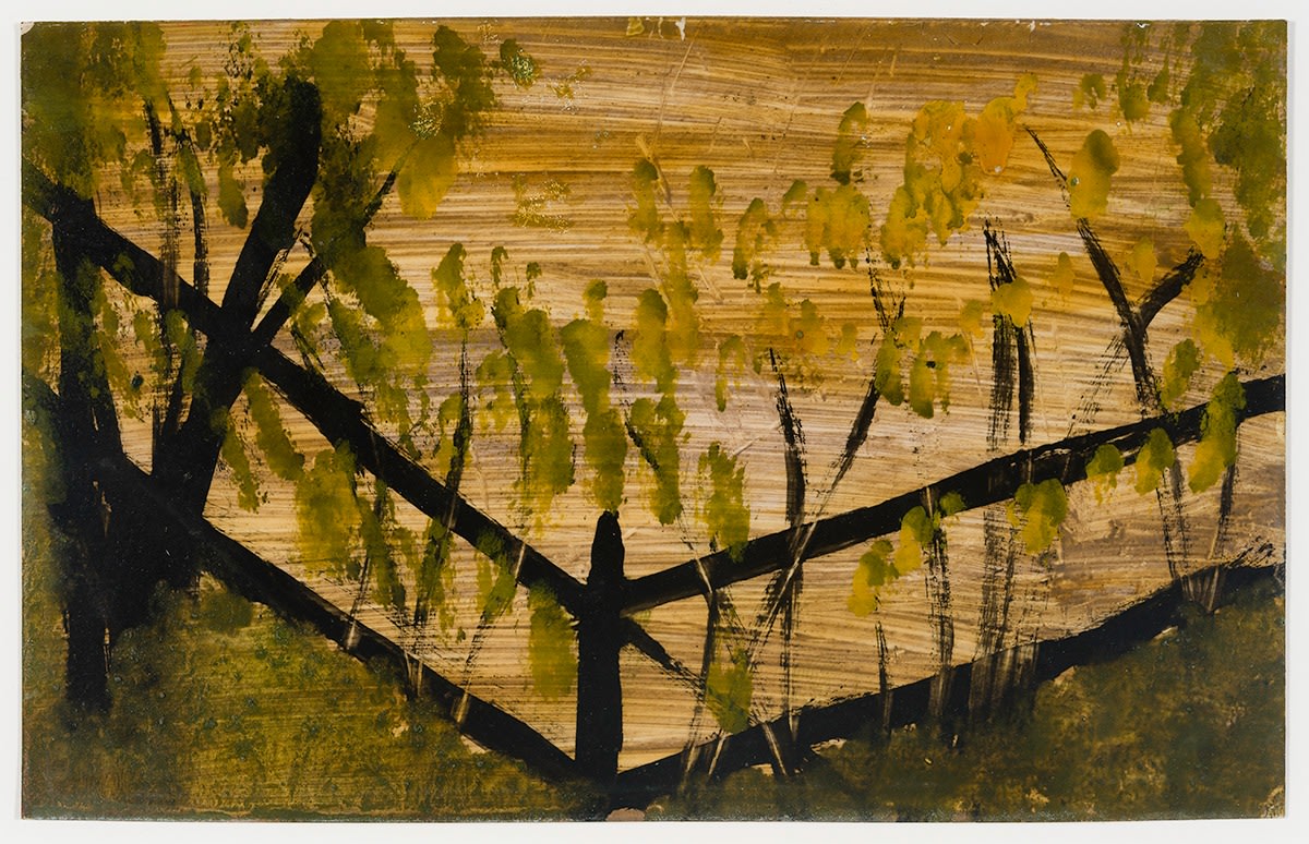 a landscape painting by Frank Walter of trees against a dark fence in a yellow field