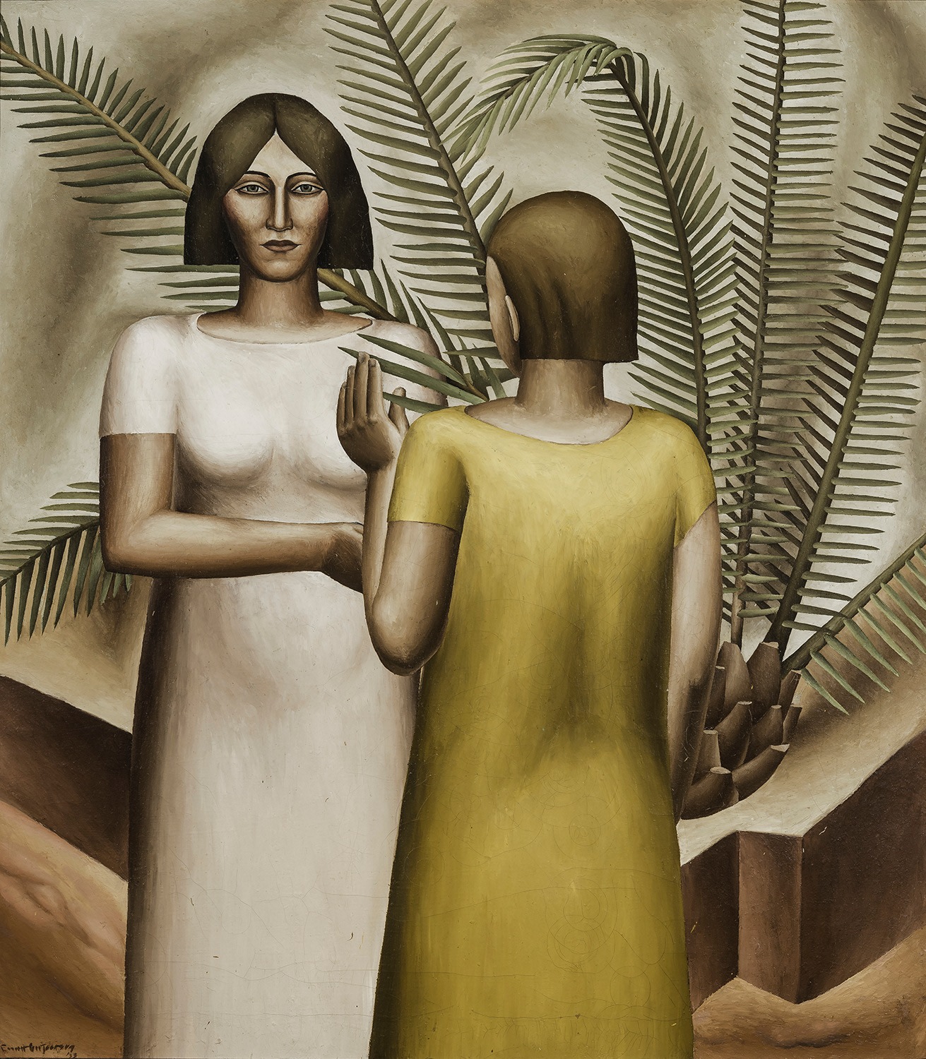 Two Girls and Palm, 1933, Oil on canvas, 36 1/2 x 32 in.