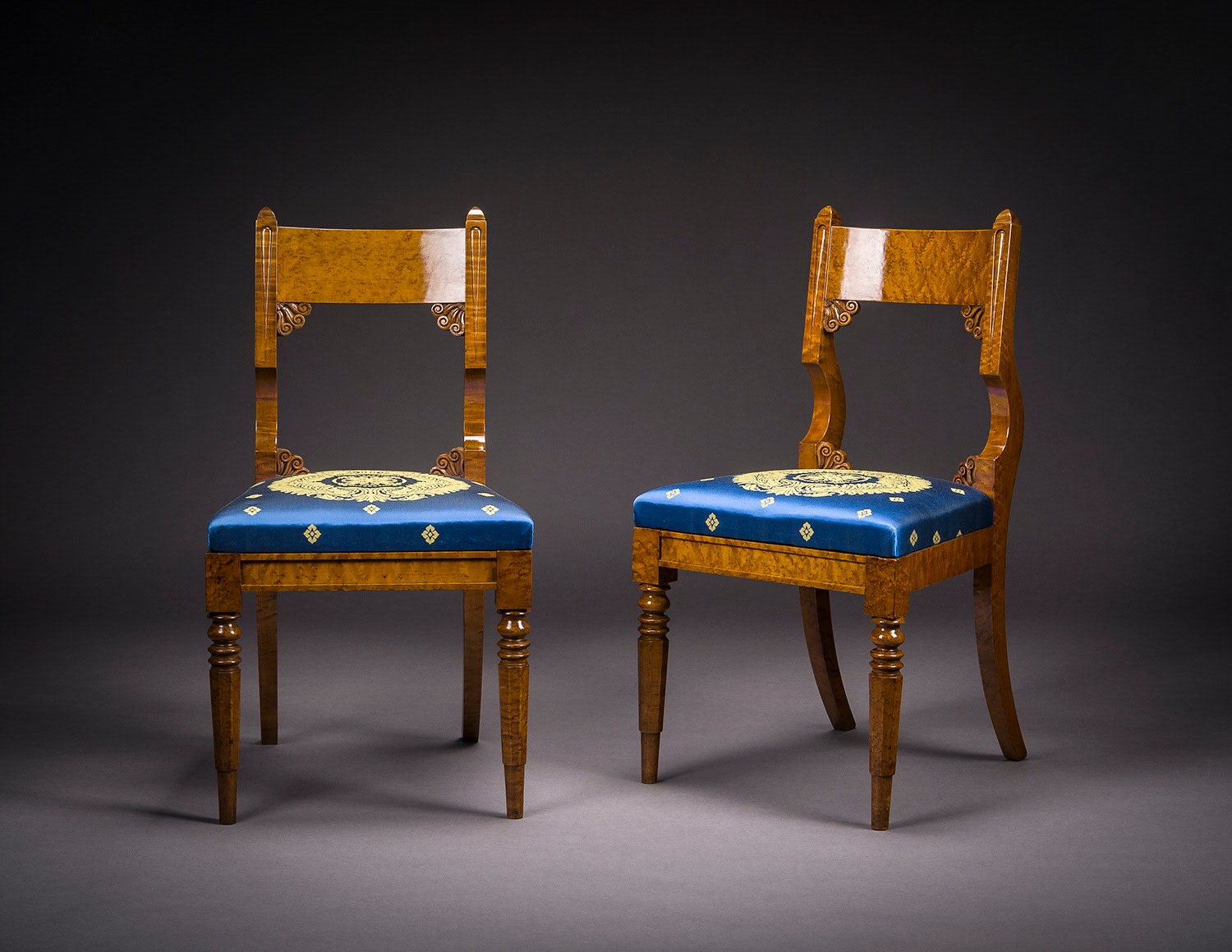 Set of Four Side, or Dining, Chairs, about 1825. Philadelphia, Pennsylvania. Curly maple, with upholstered slip seats. 34 7/8 in. high, 18 3/4 in. wide, 19 7/8 in. deep (overall)