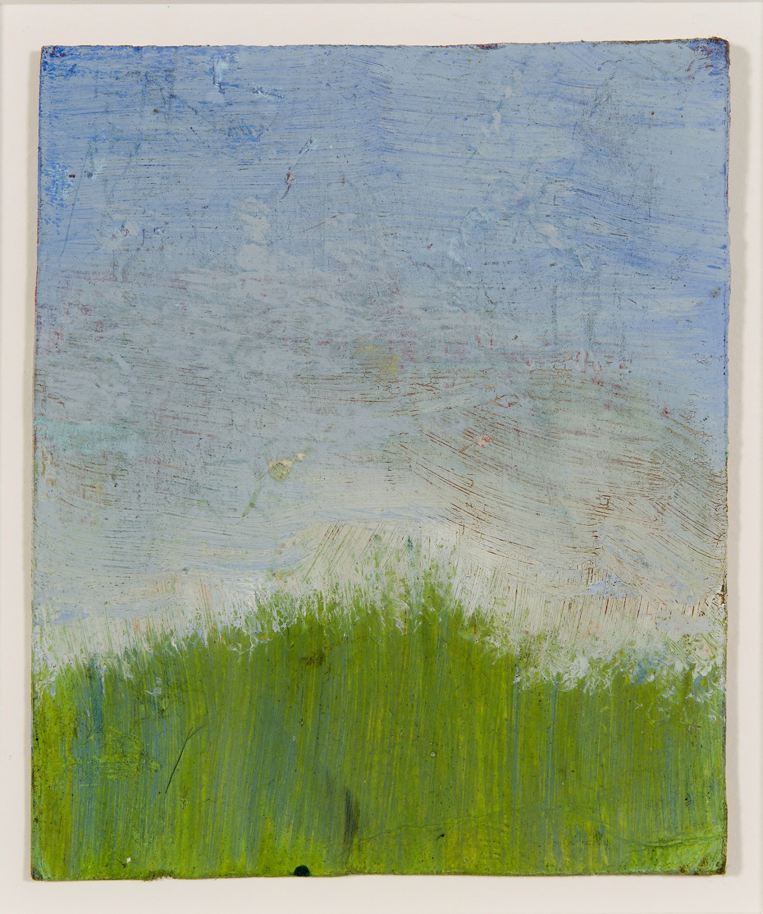 a landscape painting by Frank Walter of green grass and a pale blue sky
