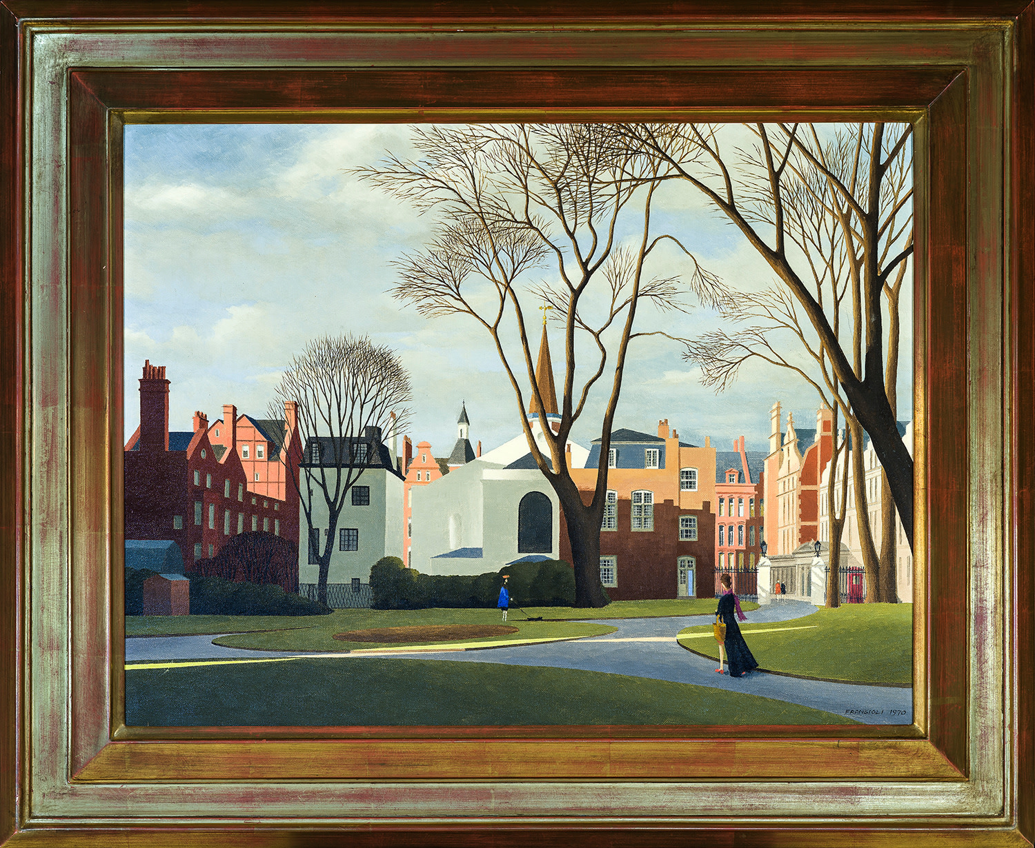 THOMAS FRANSIOLI (1906&ndash;1997).  Mount Street Gardens and the Grosvenor Chapel, London, 1970.  Oil on canvas, 16 x 21 in.