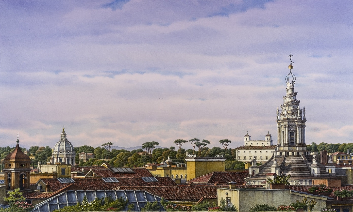 Image of Frederick Brosen's &quot;Rome Rooftops 2&quot; Watercolor over graphite on paper, 30 by 50 inches. Painted in 2015.
