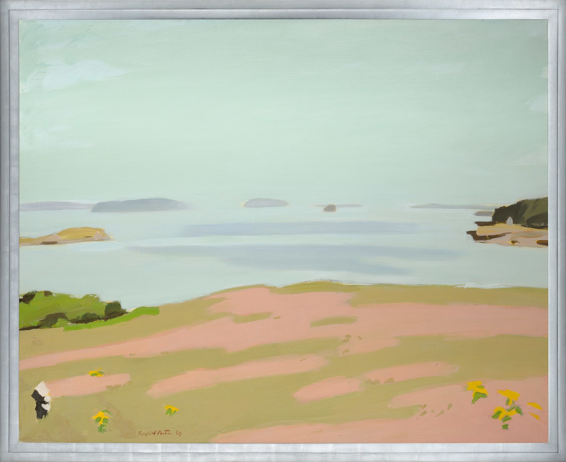 FAIRFIELD PORTER (1907&ndash;1975), &quot;View from the South Meadow,&quot; 1969. Oil on canvas, 48 x 60 in. Showing gilded Modernist step frame.