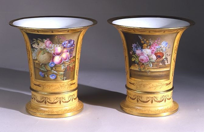 Pair Flared Cache Pots on Stands, with Ochre Ground and Still-life Panels,&nbsp;about 1820