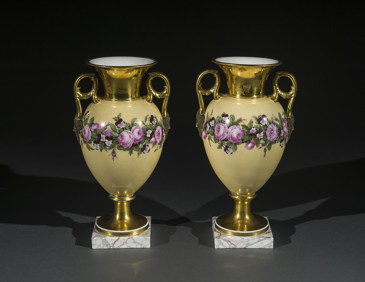 Pair &ldquo;Old Paris&rdquo; Porcelain Vases with Yellow Ground and Garlands of Flowers,&nbsp;about 1816&ndash;20Dagoty &amp;amp; Honor&eacute;, Paris&nbsp;Porcelain, painted and gilded, with iron tie-rods (for assembly)11 3/8 in. high
