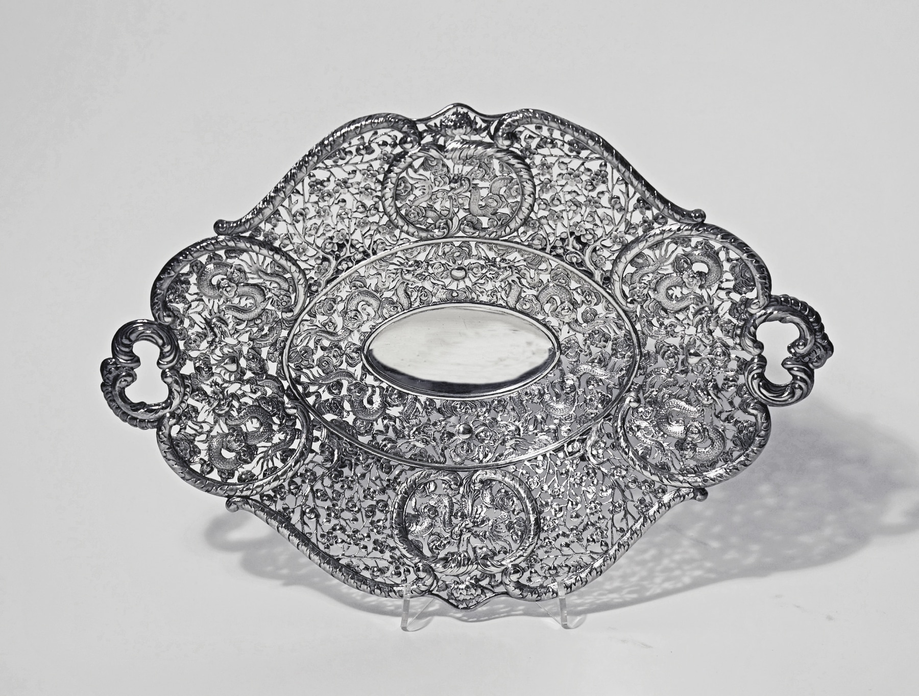 Fine Pair of Chinese Export Silver Handled Basket Dishes