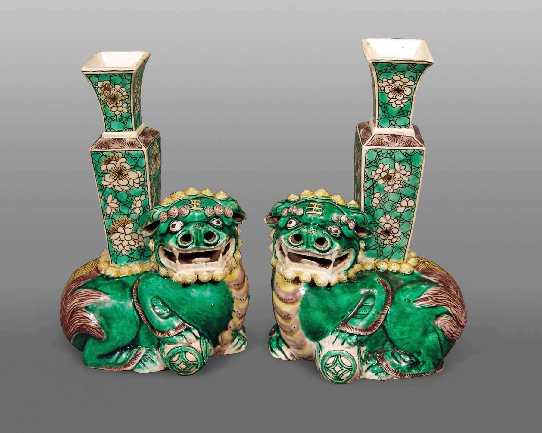 Rare Pair of Chinese Glazed Biscuit Porcelain Recumbent Fu Lions