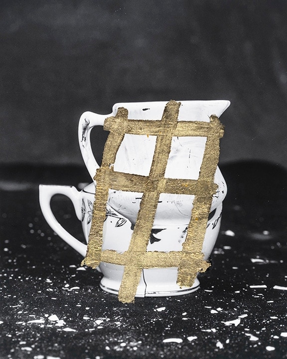 James Henkel  Repaired Creamer (Gold), 2018  Archival Pigment Print with Gold Leaf  10h x 8w in  Unique, Contemporary art, photography, vessels, gold leaf