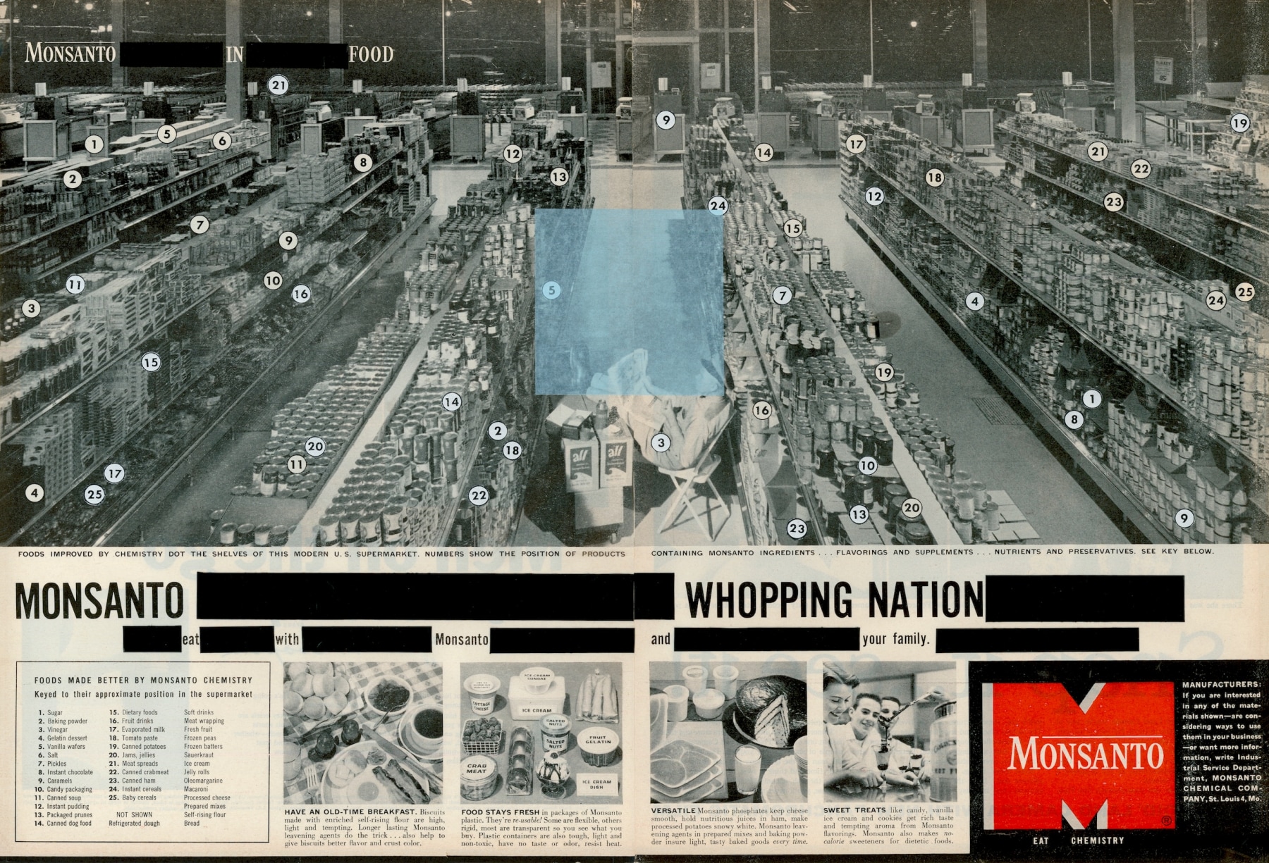 Monsanto Whopping Nation, 2022  from the series&nbsp;Science for a Better Life Collage on 1956 Monsanto advertisement  13.75 x 20 inches, black and white image of a grocery store with blue collage, redacted text