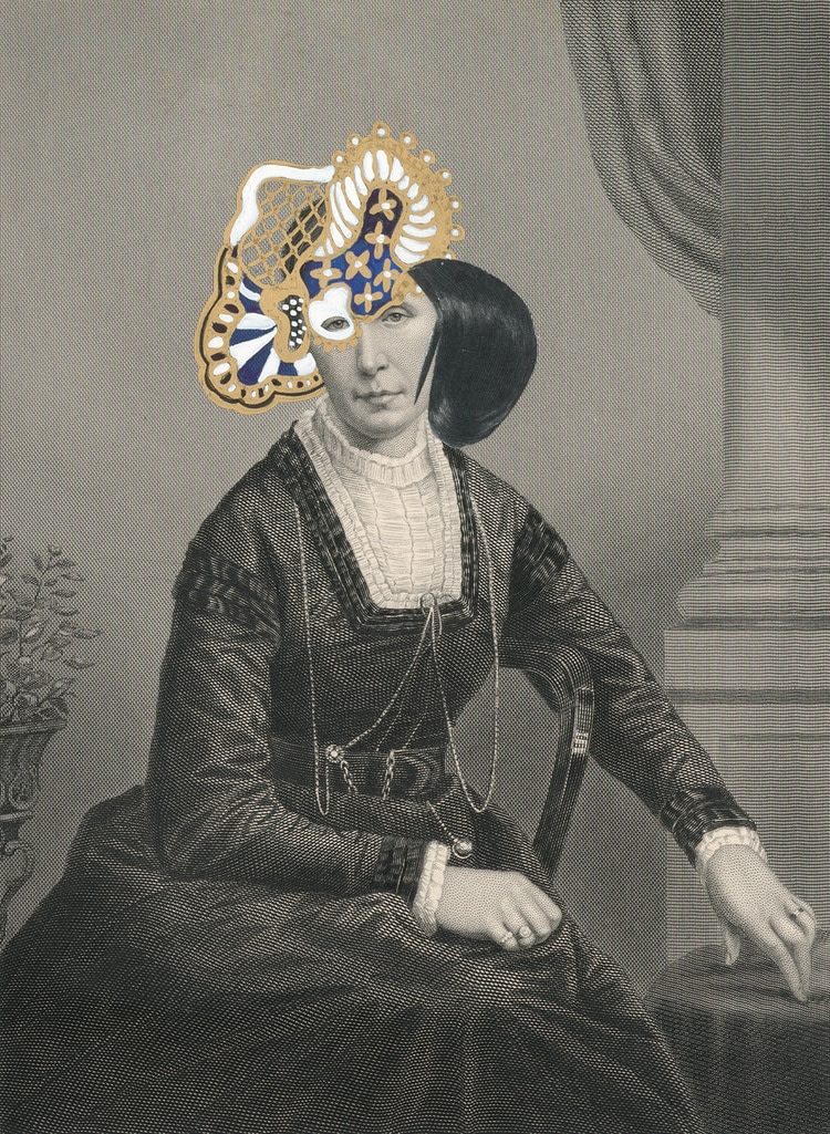 Kirsten Stolle Mrs. Edward Salisbury 1859/2014 from the series de-identified, 2014 gouache, ink, gold paint, and collage on 19th century engraving 7h x 5w in, works on paper