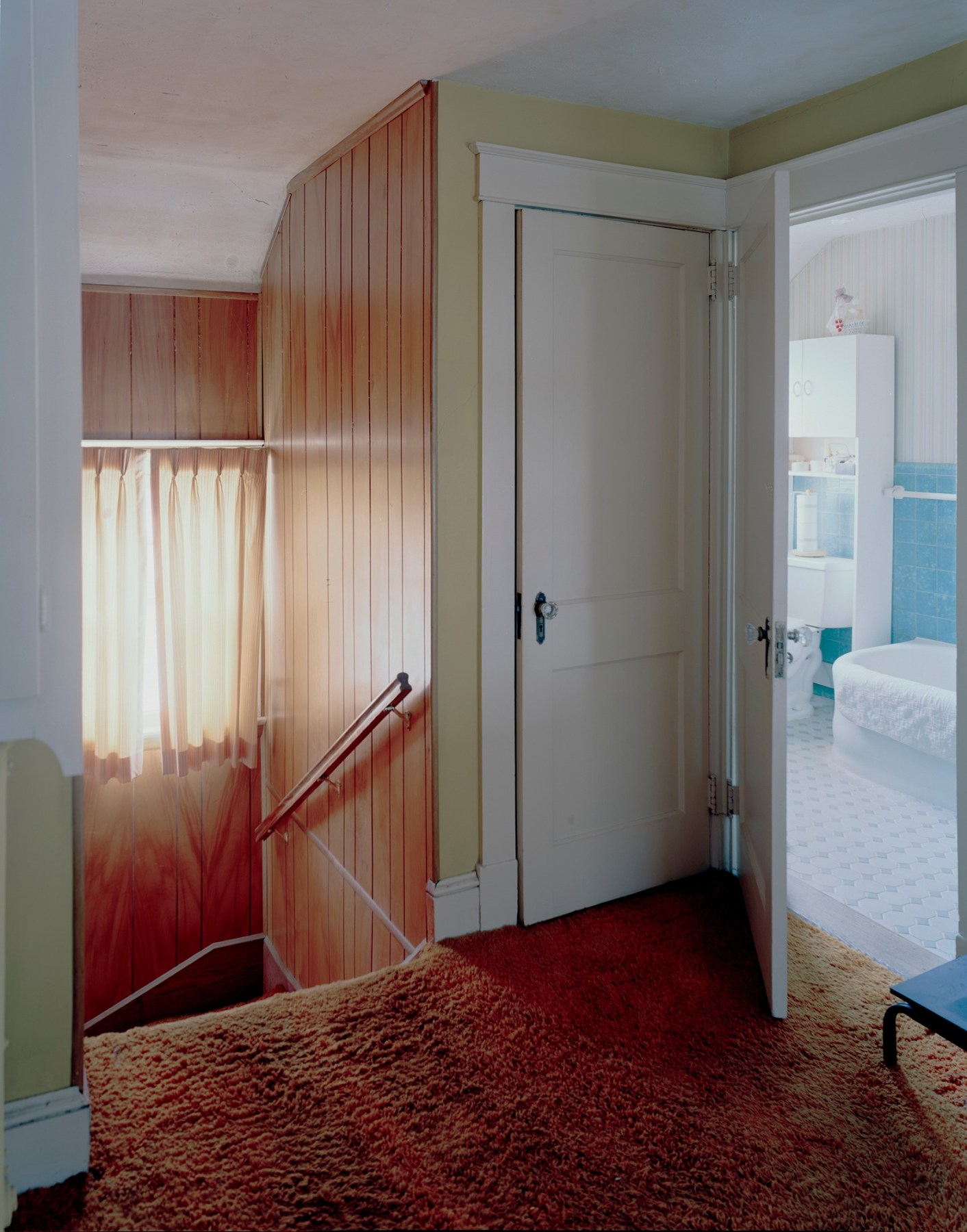 Photograph of interior at top of stairs with rust red shag carpet, by Jade Doskow