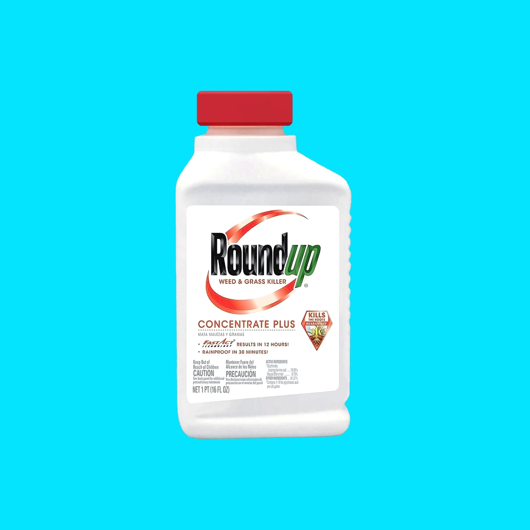 Blue background with bottle of Roundup Concentrate Plus, square image.