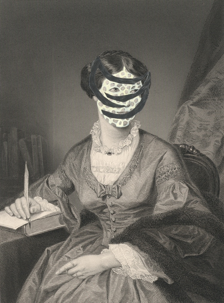 Kirsten Stolle Mrs. William Hawthorne 1860/2015 from the series de-identified, 2015 gouache, graphite collage on 19th century engraving 7 1/2h x 5w in, works on paper