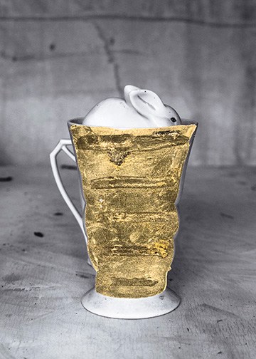 James Henkel  Repaired Cup with Rabbit (Gold), 2018  Archival Pigment Print with Gold Leaf  7h x 5w in  Unique, contemporary art, photography, gold leaf, vessels
