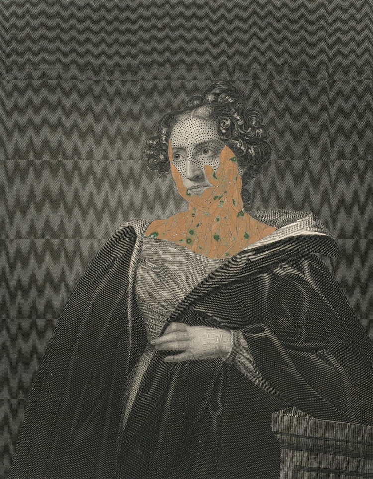 Kirsten Stolle Mrs. John Pettigrew 1860/2014 from the series de-identified, 2014 ink and collage on 19th century engraving 7 1/2h x 5w in, works on paper
