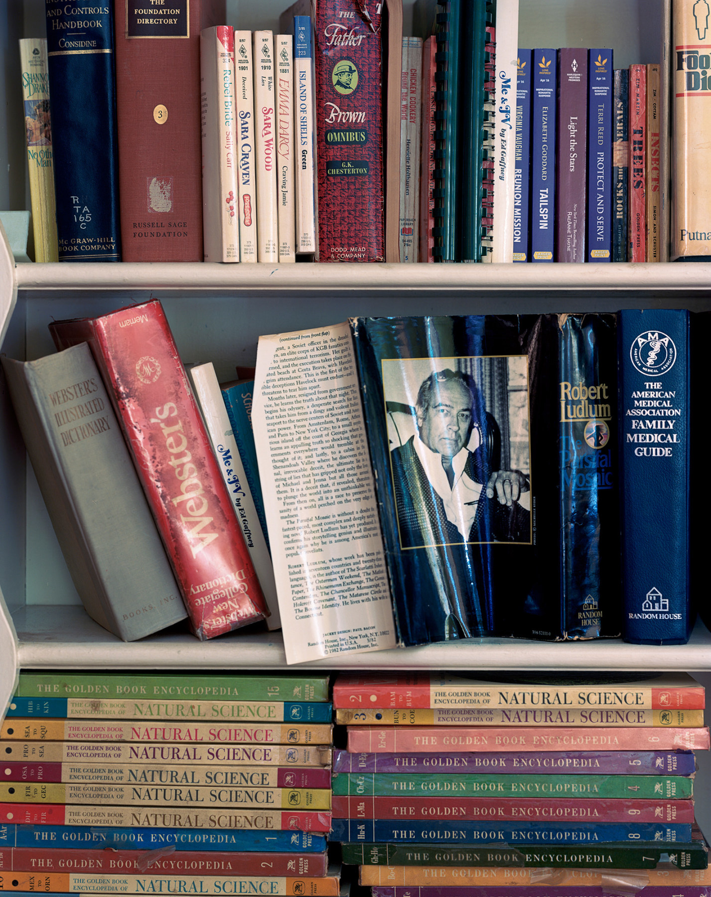 Color photograph of books on shelf, by Jade Doskow