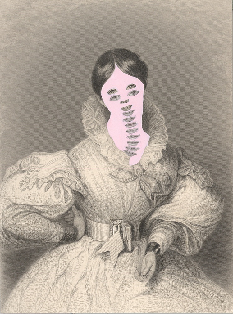 Kirsten Stolle Mrs. John Goldsmith 1861/2014 from the series de-identified, 2014 gouache and collage on 19th century engraving 7 1/2h x 5w in, works on paper
