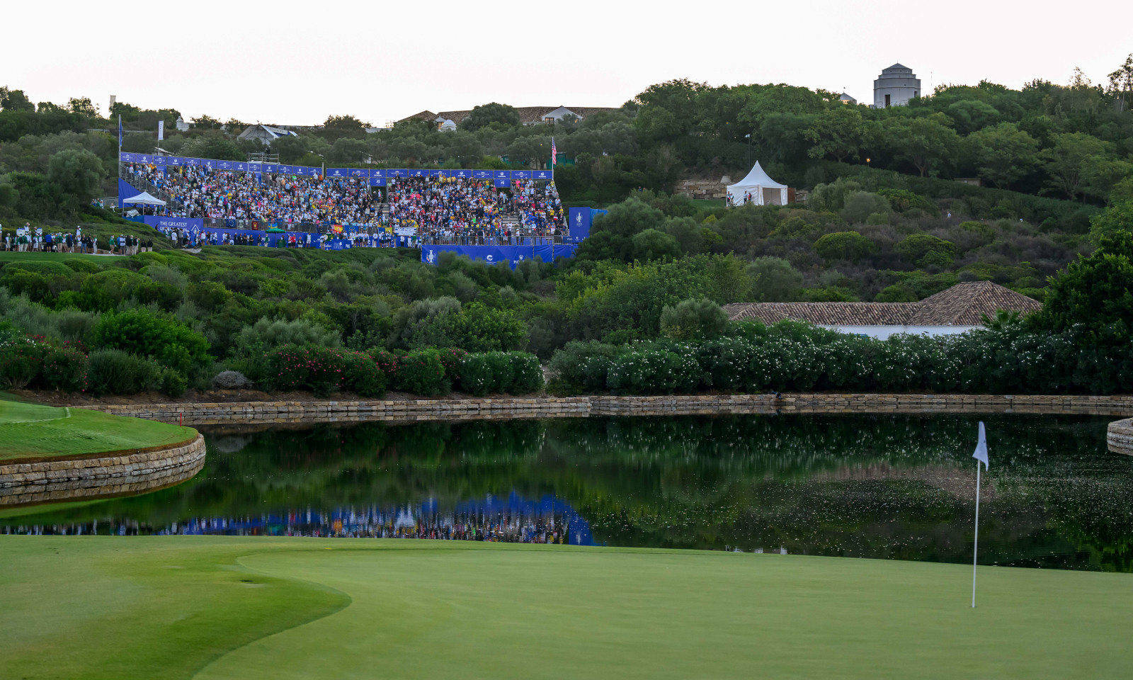 A view of the 1st green and grandstand during the Solheim Cup