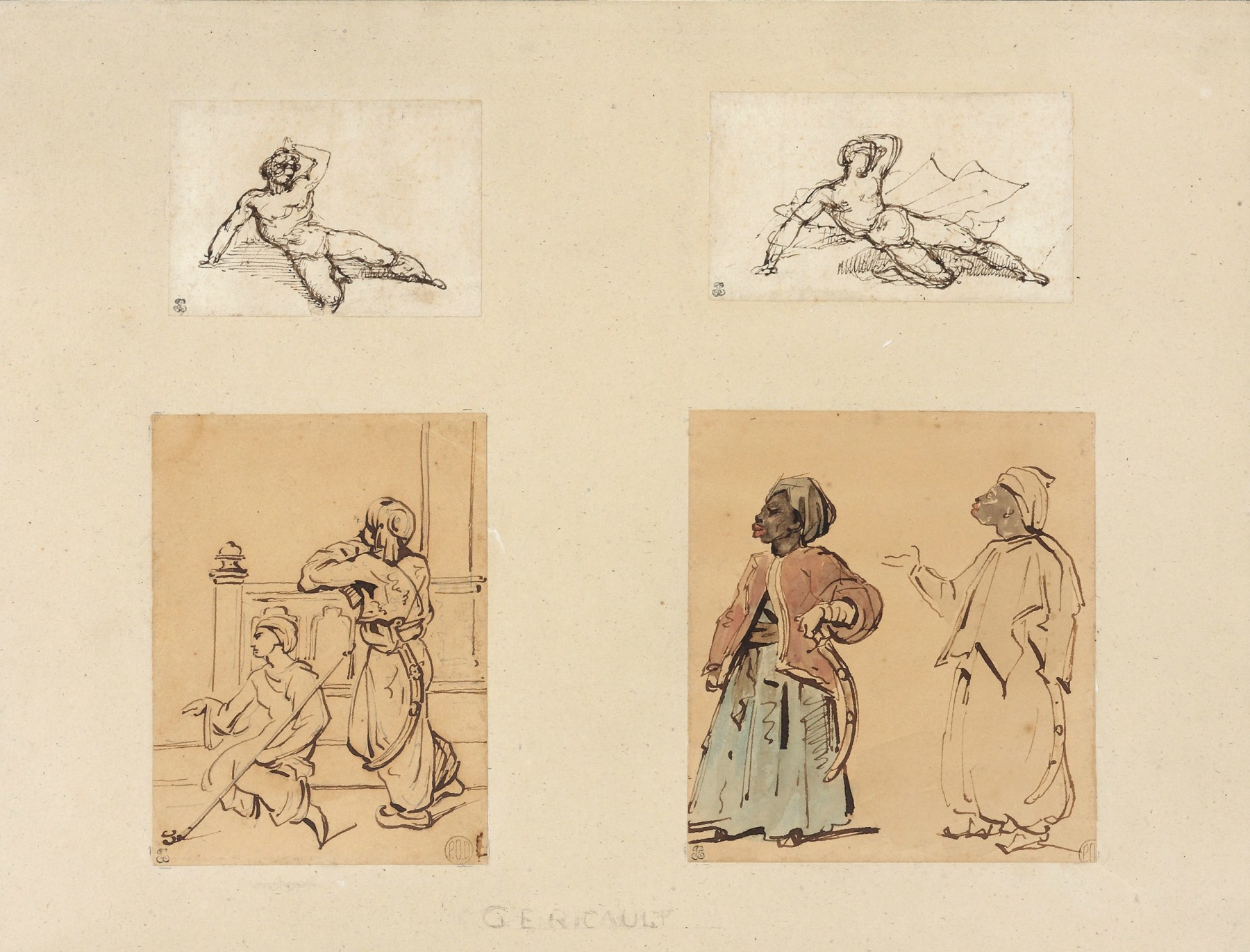Th&eacute;odore G&eacute;ricault  Four drawings: Two Reclining Male Nudes and Two Studies of Arabs  Watercilor and ink on paper 13 x 16 1/8 inches