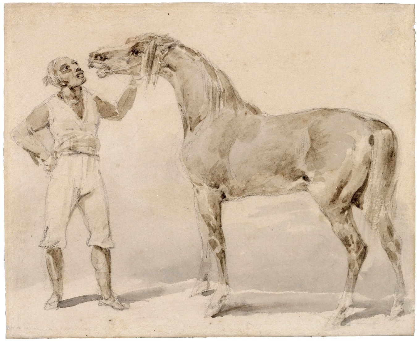 Th&eacute;odore G&eacute;ricault  Groom Presenting a Horse, 1823  Watercolor, brush and ink, with pencil on paper 3 5/8 x 4 1/2 inches