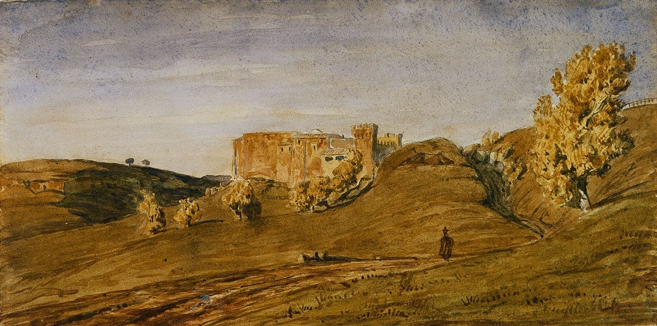 Paul Huet,View of La Crescenza (Fabrique du Poussin), Watercolor on paper 5 1/2 x 11 inches