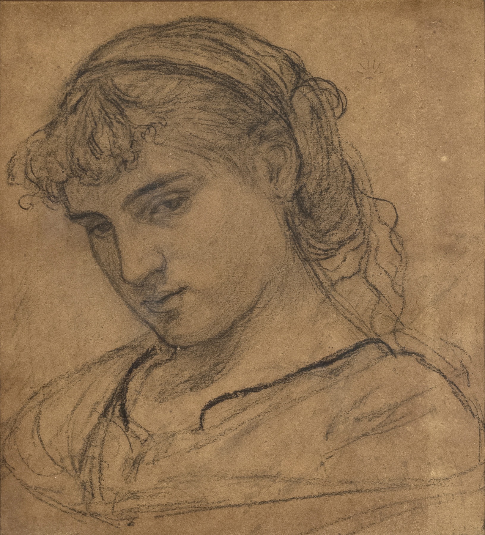 Albert Joseph Moore, Portrait of a Girl, Charcoal on brown paper 13 1/2 x 14 1/2 inches